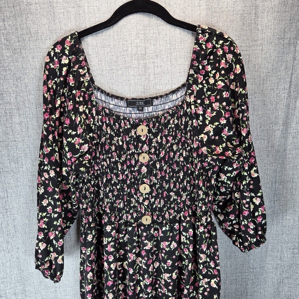 Vibe Sportswear 2X Short Dress Tunic Pink Floral‎ 3/4 Sleeve Relaxed Fit Boho